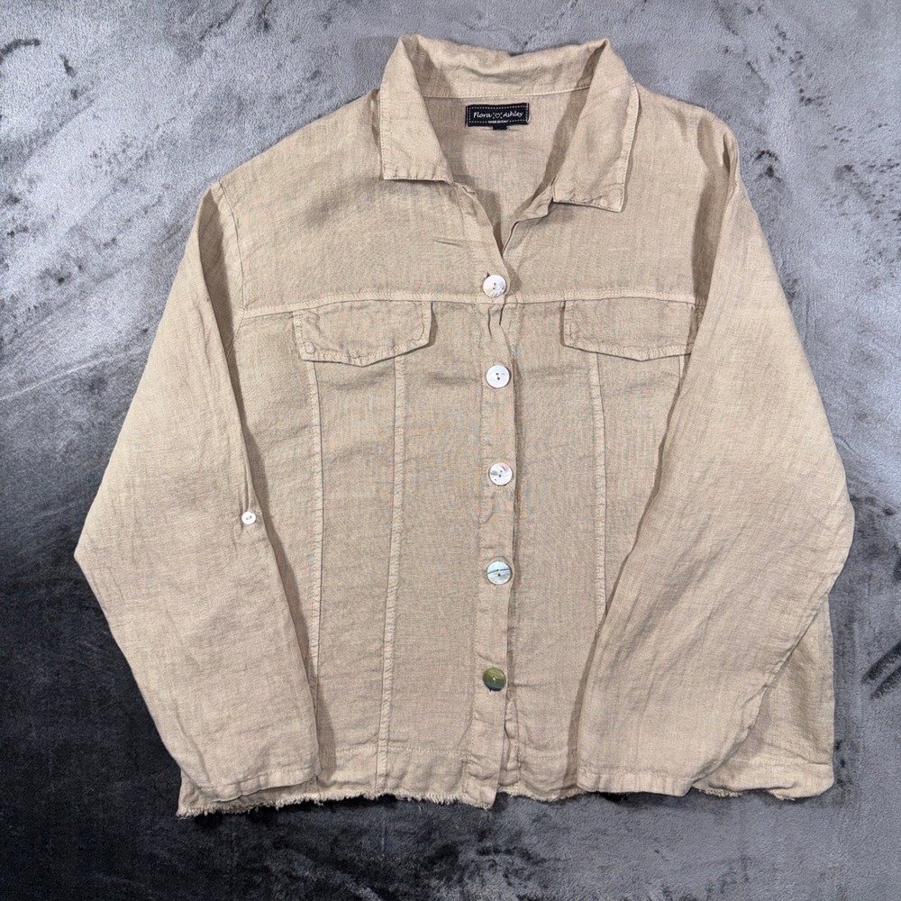 Flora Ashley Tan 100% Linen Button Up Jacket Made in Italy XL Raw Hem 9739